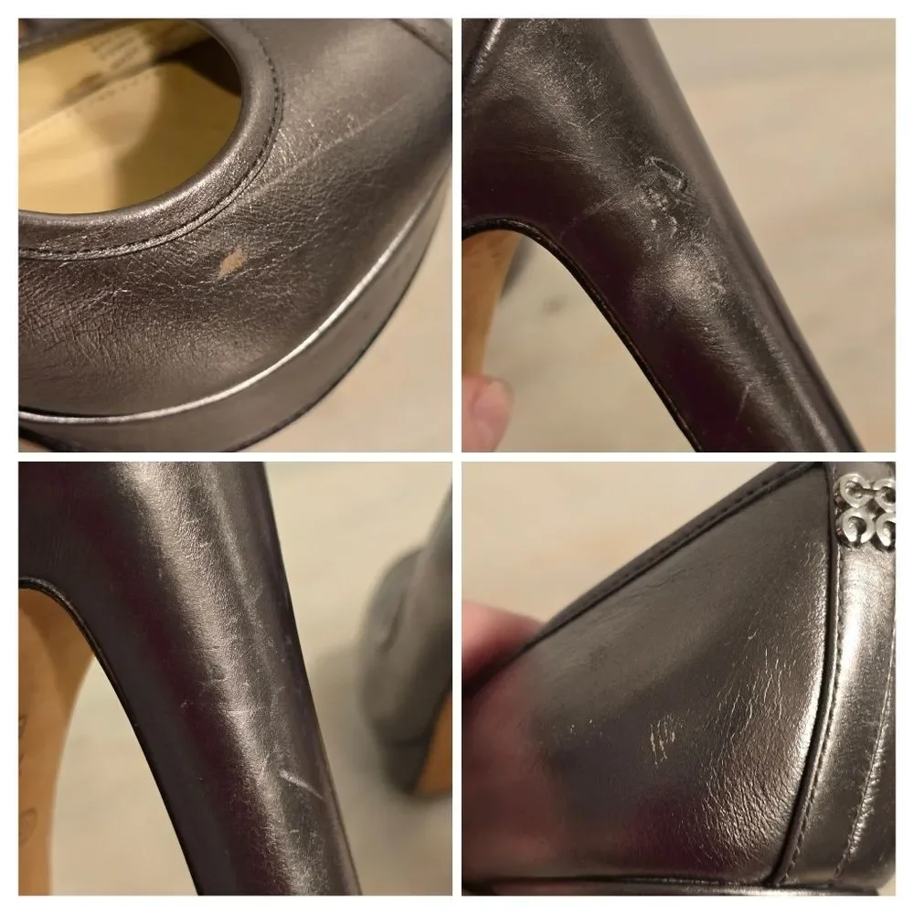 COACH Breana leather peep toe platform heels in pewter metallic 7.5